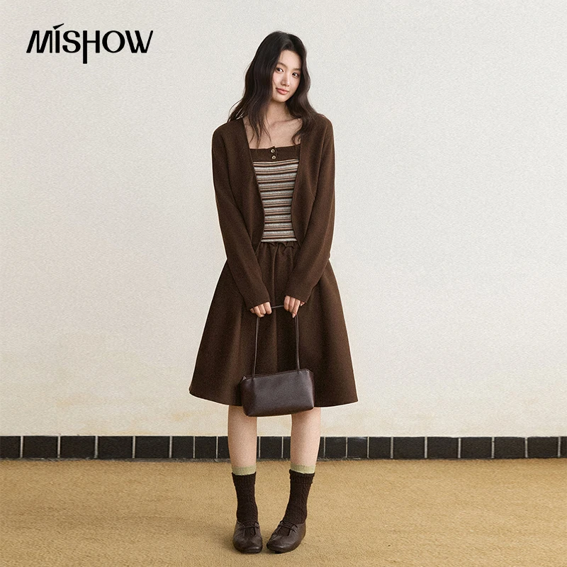 MISHOW Women's Clothing Sets 2026 Fall Brown Cardigan with Striped Camisole Two‑piece Set Daily Commuter Cozy Outfits MXF47T3361 view 5