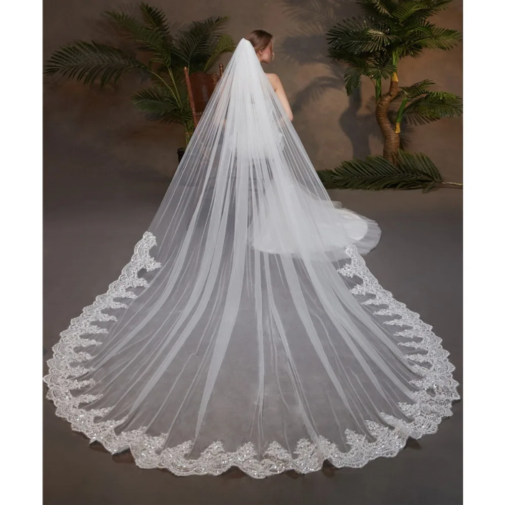 

Bridal Veil Wedding Hair Accessories for Bride One Layer 3 Meters One Layer Round Tail Lace Sequin Long Veils Cathedral