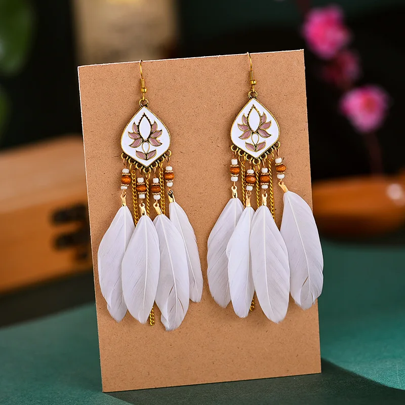 Bohemian Vintage Lange Weiße Feder Ohrringe für Frauen Ethnische Temperament Gold Farbe Kette Quaste Ohrringe Boho Hochzeit Schmuck – Detail 16