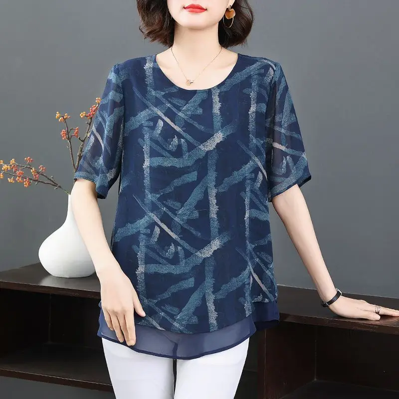Plus size chiffon blouse met korte mouwen voor dames zomer nieuwe modieuze en chique grote maten tops voor mollige jonge moeders