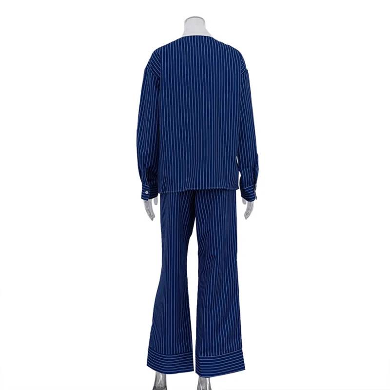 French Blue Stripe Casual Versatile Outfits Autumn New Fashion Women's Two Piece Set Long sleeved Shirt+Wide Legged Pants Suit