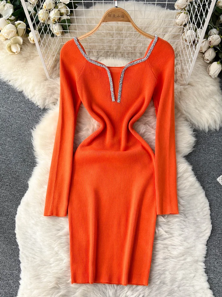 

Retro Slim Bodycon Knitted Dress Temperamant Long Sleeve Strecth bodycon Sweater Dress Square Collar Women Winter Short Dress
