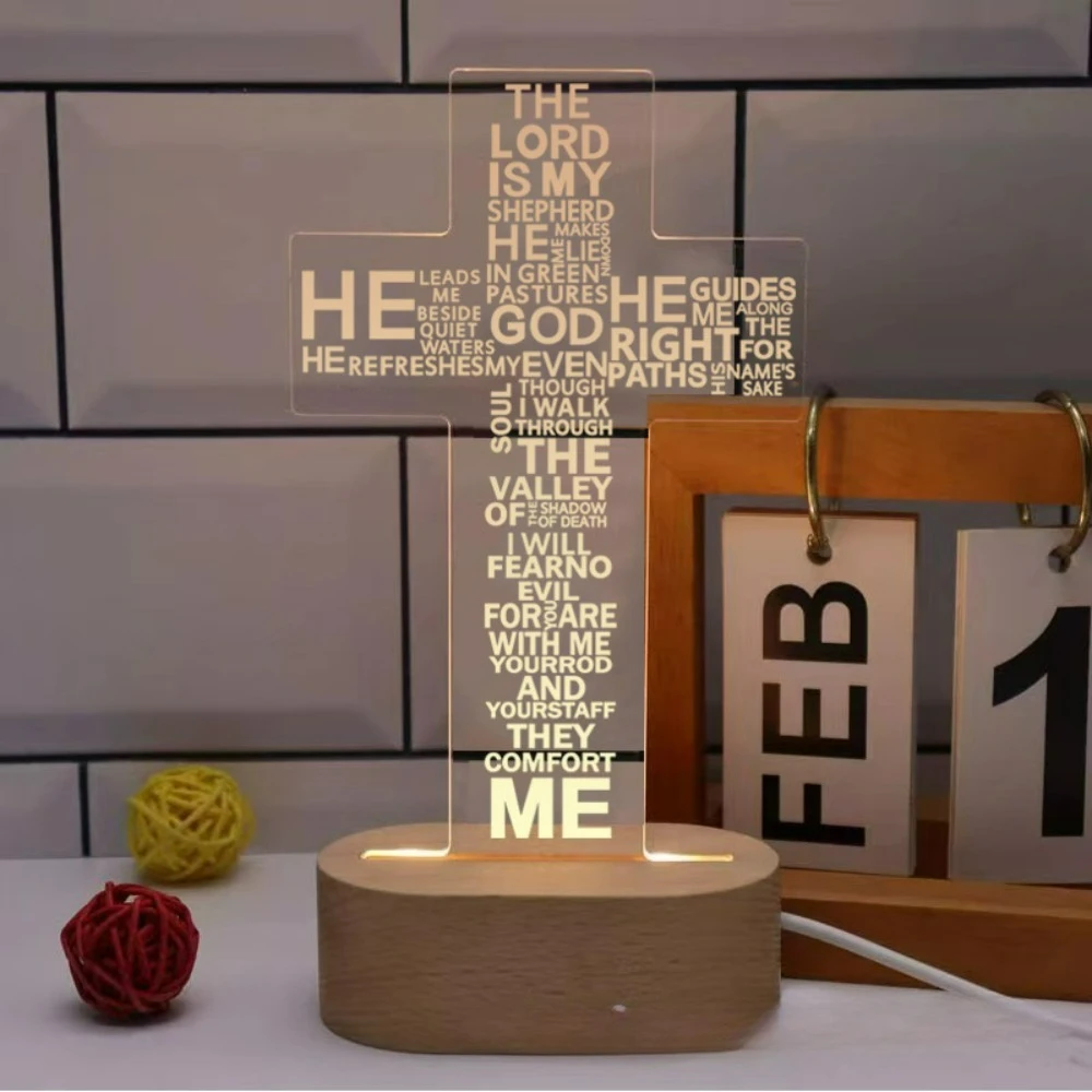 

Beech Wood Small Oval Cross 3D Night Light - USB Warm White Touch-Control Plug-and-Play Bedside Lamp Novel Creative Gift