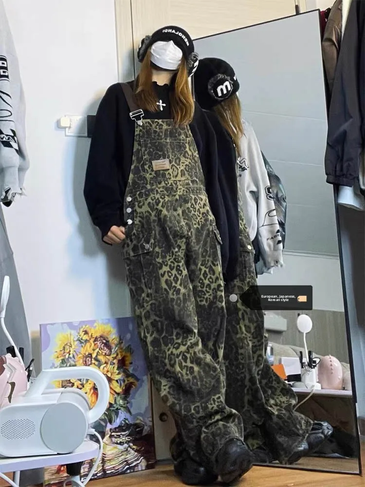 

American Style plus Size Leopard Print Overalls Women's Summer Multi Pocket Workwear Design Low Waist Denim Jumpsuit