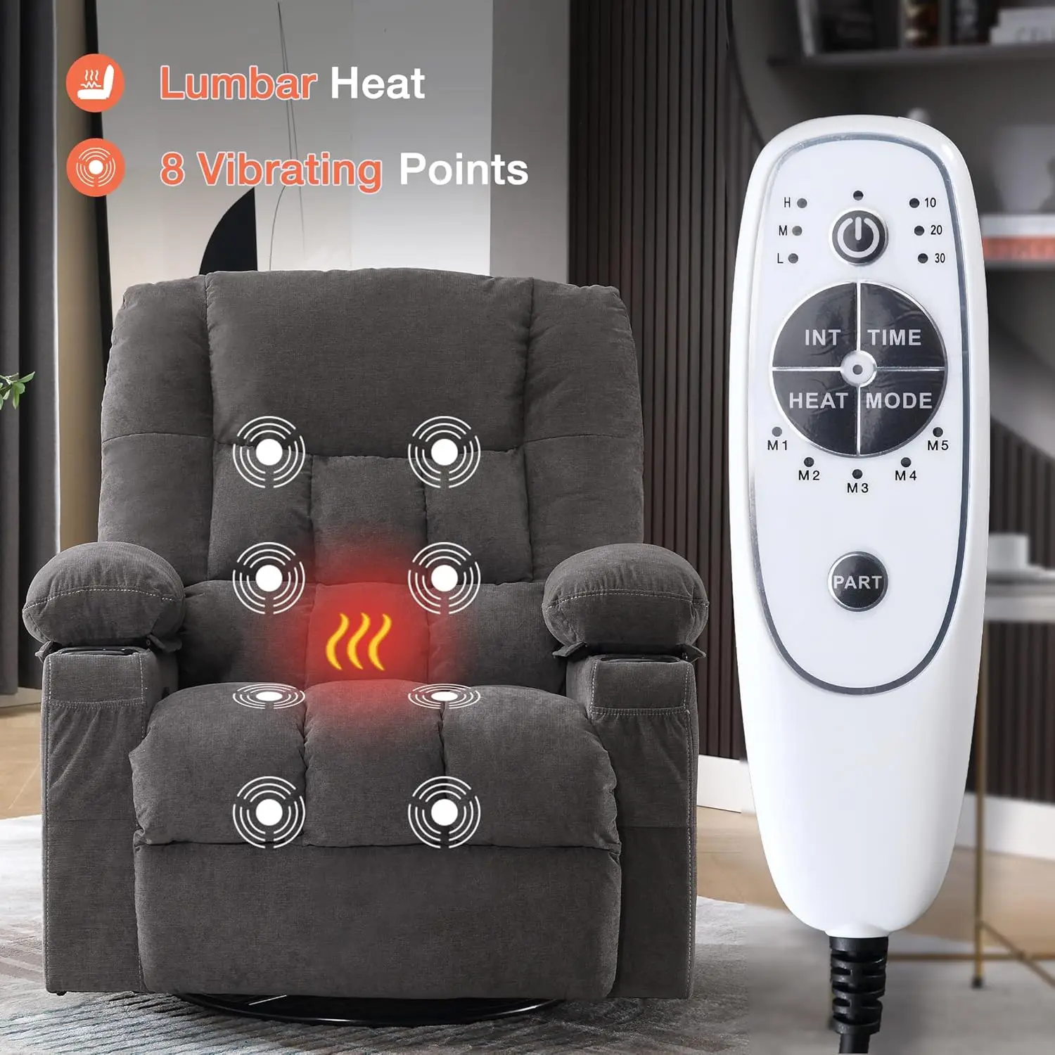 Oversized Vibrating Heated Swivel Rocker Massage Recliner Chair with USB Port Cup Holders Side Pockets for Living Room