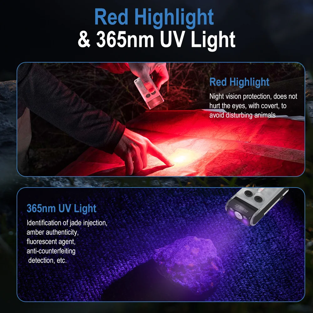 BORUiT V30 EDC LED UV Flashlight Keychain USB-C Rechargeable Power Bank Magnetic Clip Portable Torch Emergency Alarm for Camping - Image 3