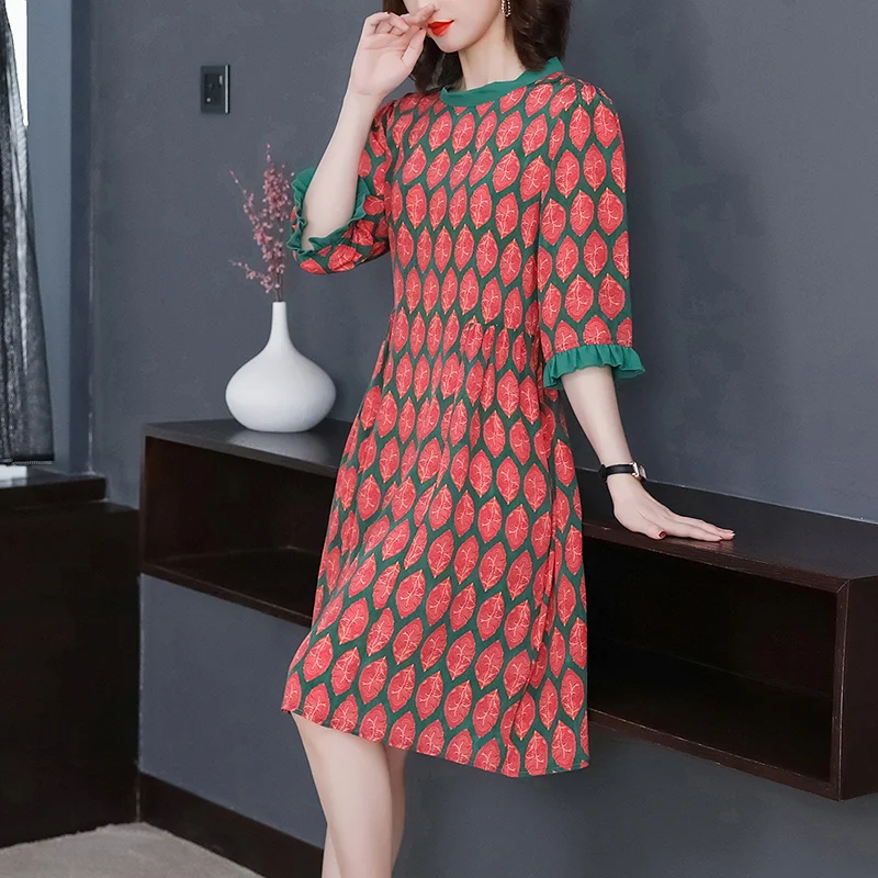 2023 New Vintage Silk Printed Dress For Women's Summer Fashion Versatile Round Neck Loose Fit Leisure Vacation Vestidos2023 New