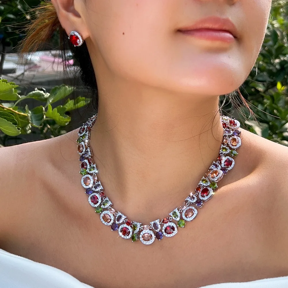 

Women's Colorful Cubic Zirconia Necklace and Earrings Jewelry Set, High-End and luxurious, Perfect for Formal Occasions.