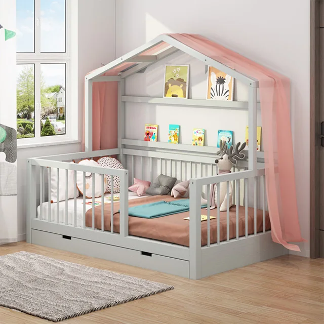 Cama Montessori lit en bois de pin en forme de maison avec Rails lit de maison en bois pour enfants chambre à coucher décor à la maison meubles chambre