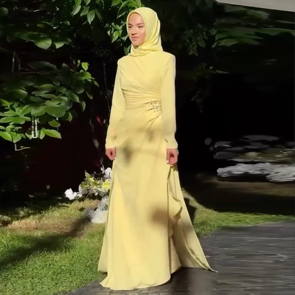 

Eightale Arabic Evening Dress Beaded O-Neck Customized Long Sleeves Yellow Mermaid Prom Wedding Party Dresses Robes De Soirée