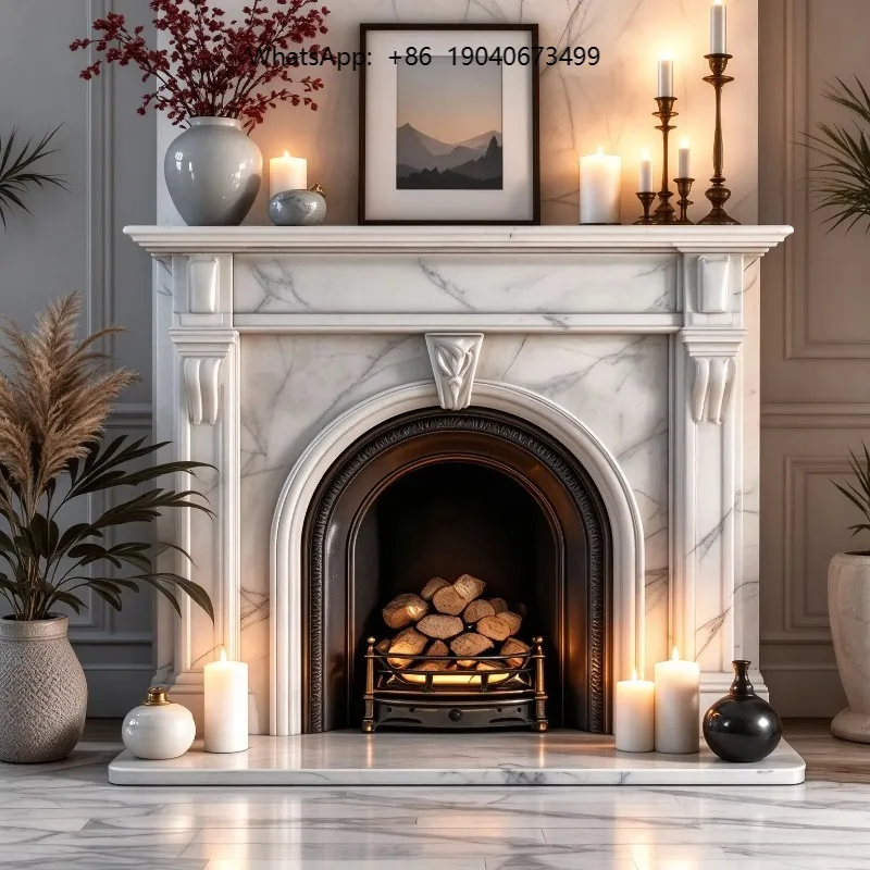 Modern interior home decoration - hand-carved white natural stone standalone marble fireplace   h003