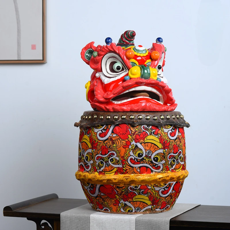 Creative China-Chic Cultural Creativity Opening Gift Lion Dance Dance Drum Ceramic Crafts Desktop Decoration Ornaments