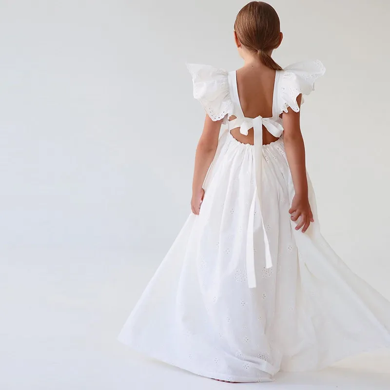 

Girls' Dress Summer 2025 New Bow Embroidered Long Dress Girls' New Fashionable Pure Cotton Flying Sleeve Princess Dress
