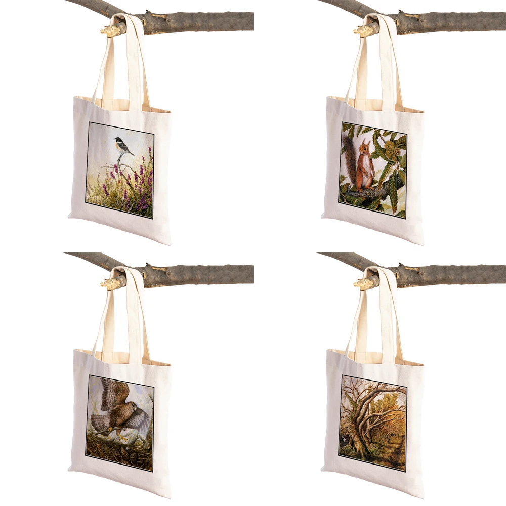 Watercolor Fox Bird Squirrel Women Shopping Bags Handbag Eco Canvas European Sexy Lady Tote Casual Supermarket Shopper Bag