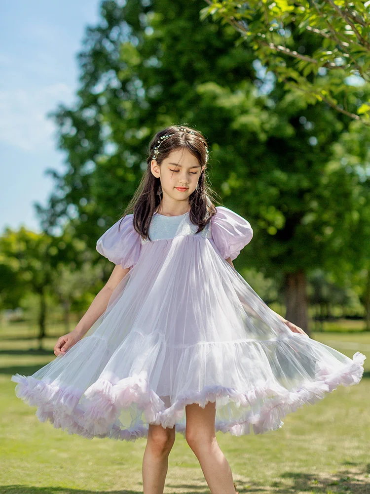 Baby Girls Summer Princess Dresses 2022 New Light Purple Blue Sequins Bow Gauze Kid Clothing 100% Cotton Short Sleeve Child Wear