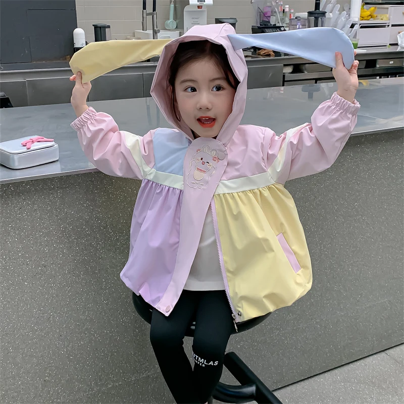 Lovely Baby Girl Cartoon Trench Coat with Hoodies Kids Cute Ear Hooded Jacket Toddler Child Fashion Clothes Spring Autumn Outfit