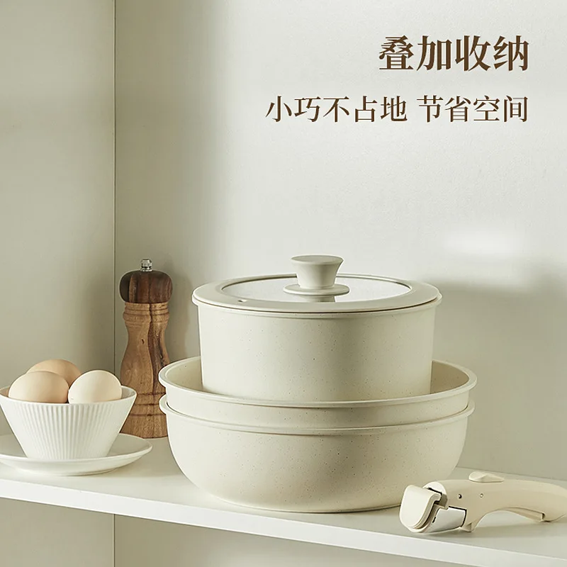 Non-Stick Cookware Set with Detachable Handles, Marble Coated Frypan, Soup Pot & Milk Pot for Home Cooking