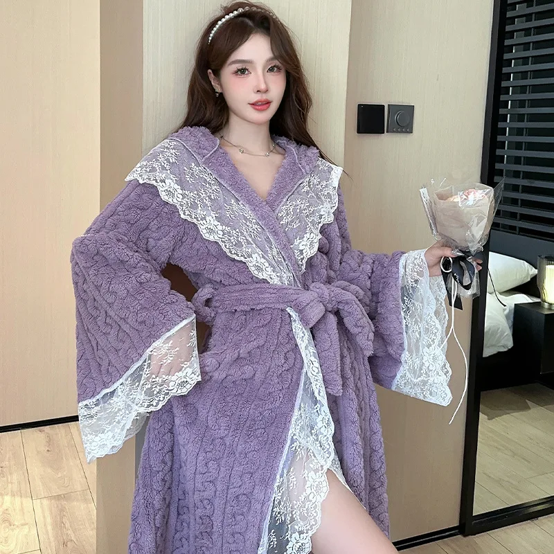 Winter Jacquard Flannel Robe Women\'s Long Bathrobe Hairy Hooded Thickened Warm Sleepwear Sweet Sexy Lace Home Dressing Gown