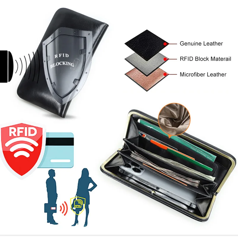 Long RFID Anti-Theft Leather Wallet for Women Top Layer Cowhide Embroidered Metal Zipper Genuine Leather Wallet