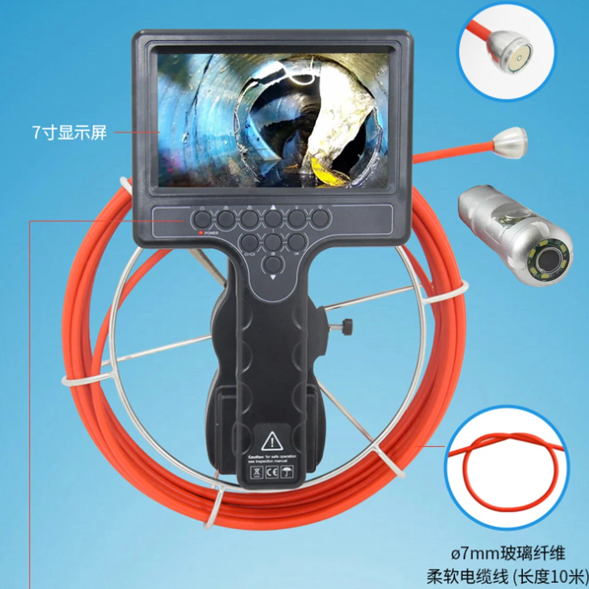

7mm Soft 20 Meters Cable 360 Degree PAN-TILT 23mm Dual camera head with 7 inch monitor screen wopson pipe sewer camera