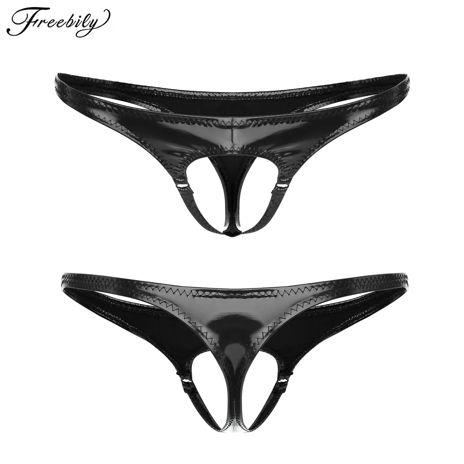 

Mens Hollow Out Front T-back Briefs Wet Look Patent Leather G-String Underwear Low Rise Elastic Waistband Underpants