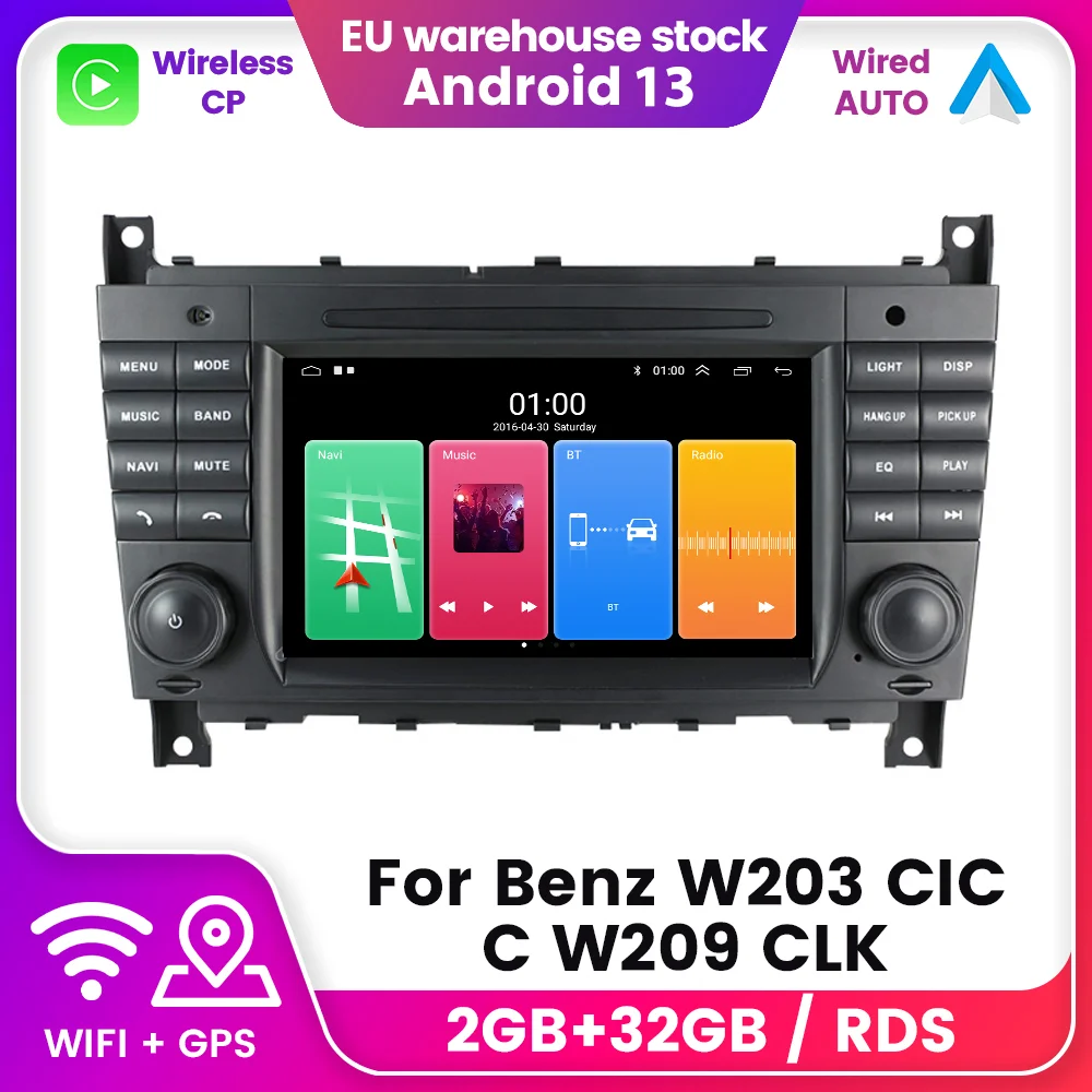 7Inch Andriod 13 Car Radio for Mercedes Benz W203 W209 W219 A Class A160 C-Class C180 Carplay Auto Head Unit Navigation Player