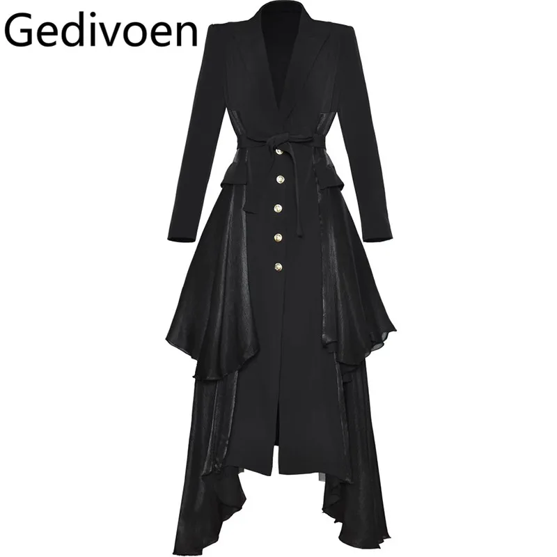 Gedivoen Fashion Runway Women's Coat Long Sleeved Single-Breasted Lace-Up Flounced Edge Slim Autumn and Winter Overcoat