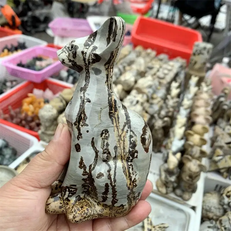 

15CM Natural Picture Stone Cartoon Cat Carving Handmade Polished Animal Powerful Statue For Home Decoration Lucky Gift 1PCS