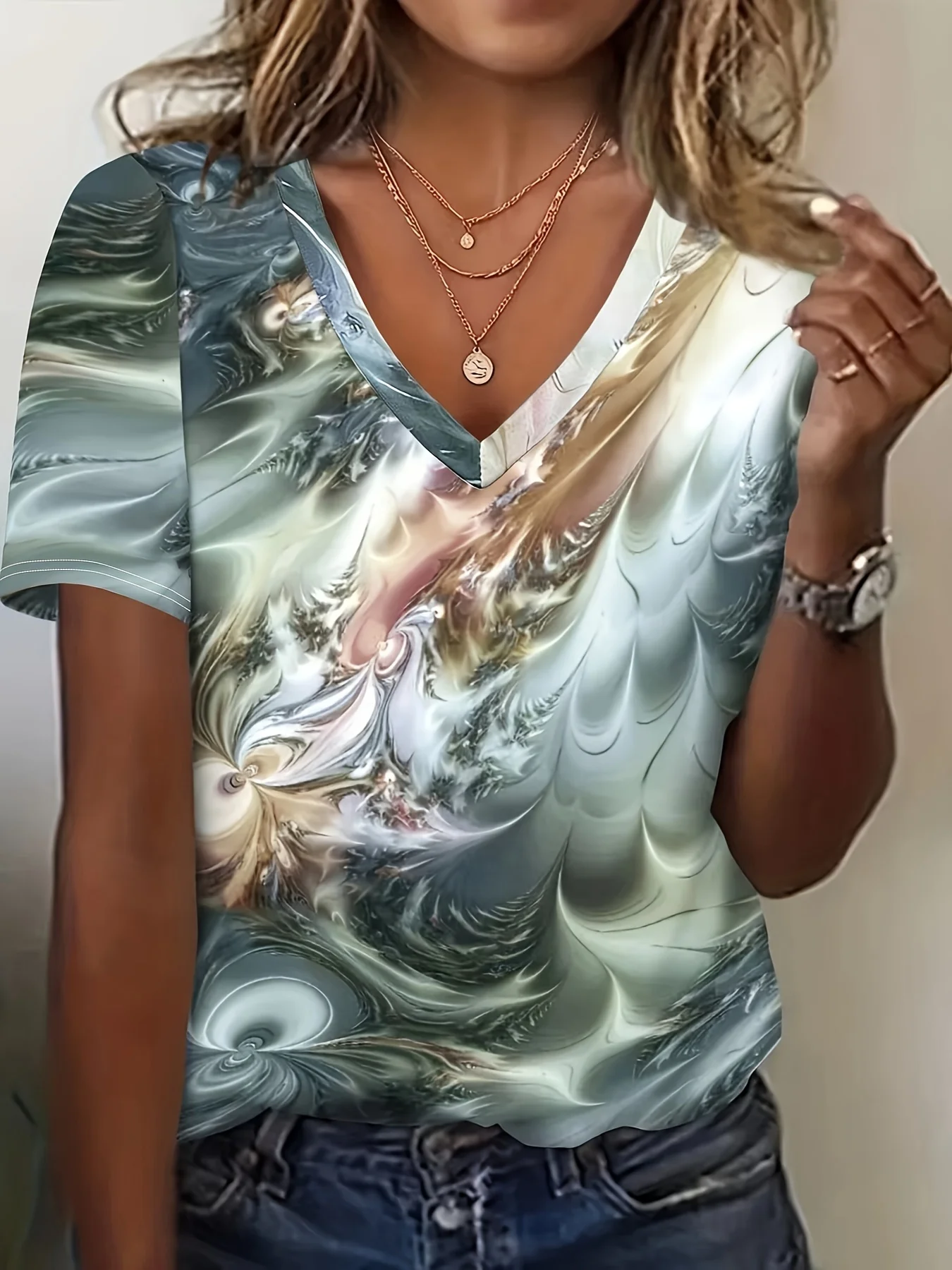 3D printed short-sleeved colorful printed women's v-neck T-shirt summer literary loose women's casual short-sleeved top