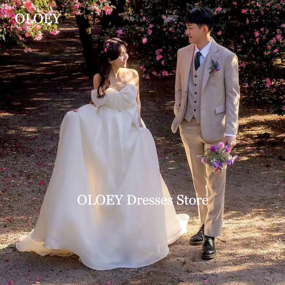 

OLOEY Simple A Line Organza Wedding Dresses Sweetheart Korea Photoshoot With Bows Bridal Gowns Corset Customized Floor Length