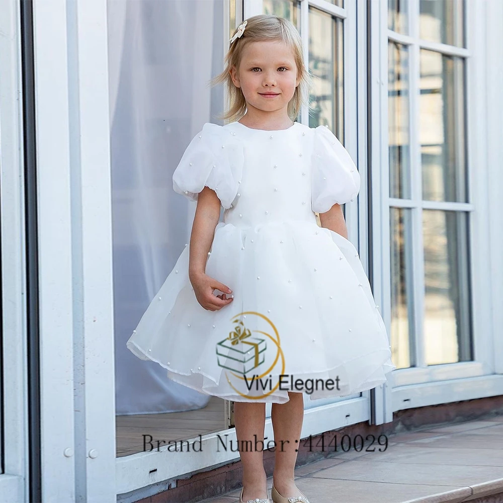 White Puffy Sleeve Scoop Flower Girl Dresses with Organza Knee Length Sparkle Wedding Party Gowns for Princess فساتين اطفال للعي