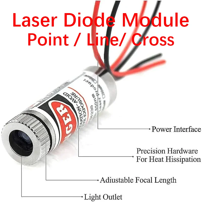 Módulo industrial com comprimento focal ajustável, ponto vermelho do laser, linha, cruz, 650nm, 12mm, 5mw