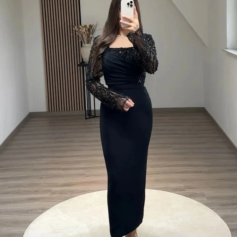 Evening Dresses Long Sleeves Square Neck Beading Pearls Ankle Length Prom Gowns High Quality Party Dress for Women Customized image 6