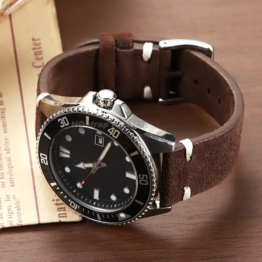 Suede Leather Watch Band 18mm 20mm 22mm Vintage Khaki Blue Strap Handmade Stitching Wristband Quick Release Universal Bracelet
