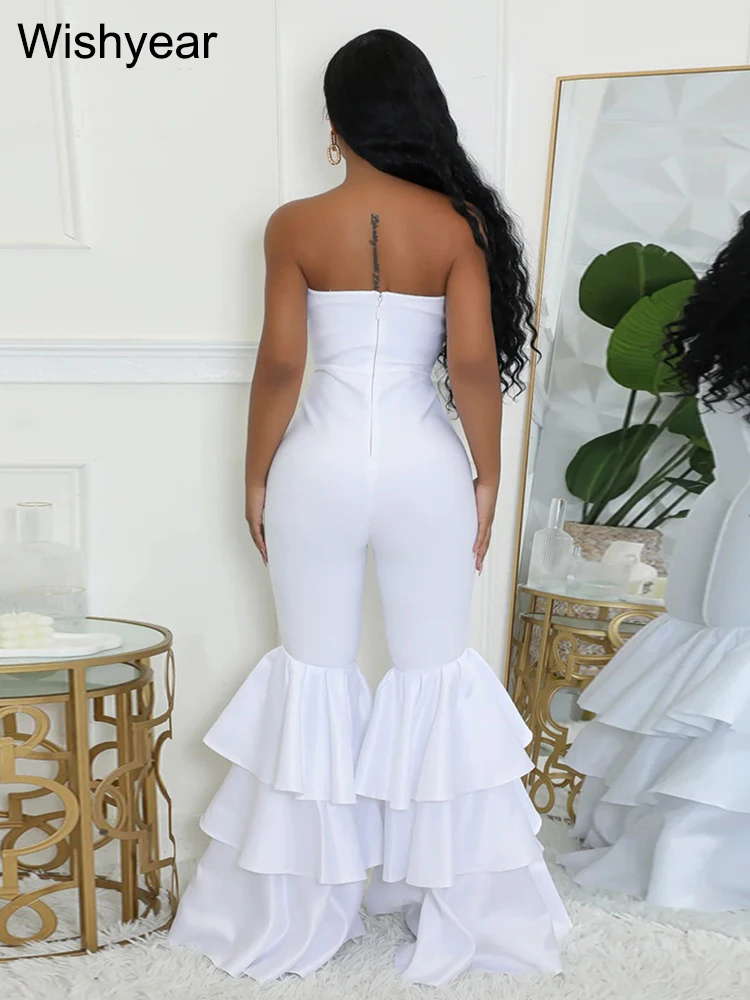 Nuove tute intere da donna nere senza spalline senza maniche pagliaccetti sexy slim fit lunghi volant pantaloni svasati night club anche tute