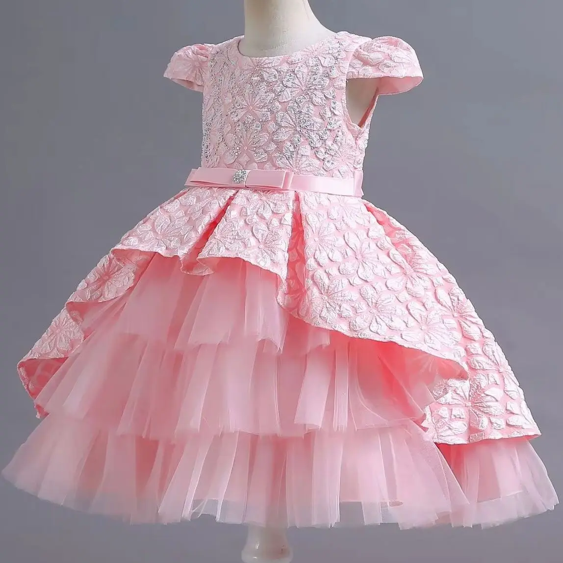 Princess Ball Gown for Baby Girls Retro Flower Layers Mesh Party Dress Kids Birthday Wedding Christmas Clothes 4 8 12 Years