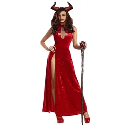 Carnival Halloween Lady Red Demonic Queen Costume Long Classic Glamour Sorceress Devil Playsuit Cosplay Fancy Party Dress