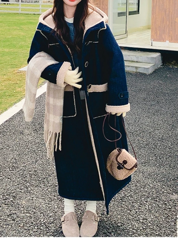 

Корейская длинная парка, женское хлопковое джинсовое пальто на подкладке из овечьего меха, зимняя верхняя одежда, длинное пальто с капюшоном Thiened Sve