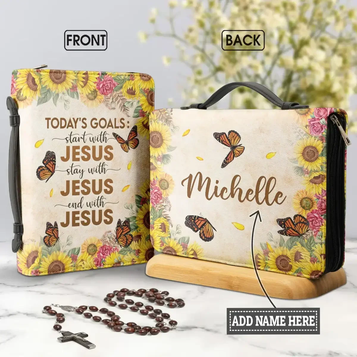 

Today's Goals:Start With Jesus Bible Verse Print Women's Holy Cover Case PU Leather Butterflies Sunflower Floral Bible Bags 2023