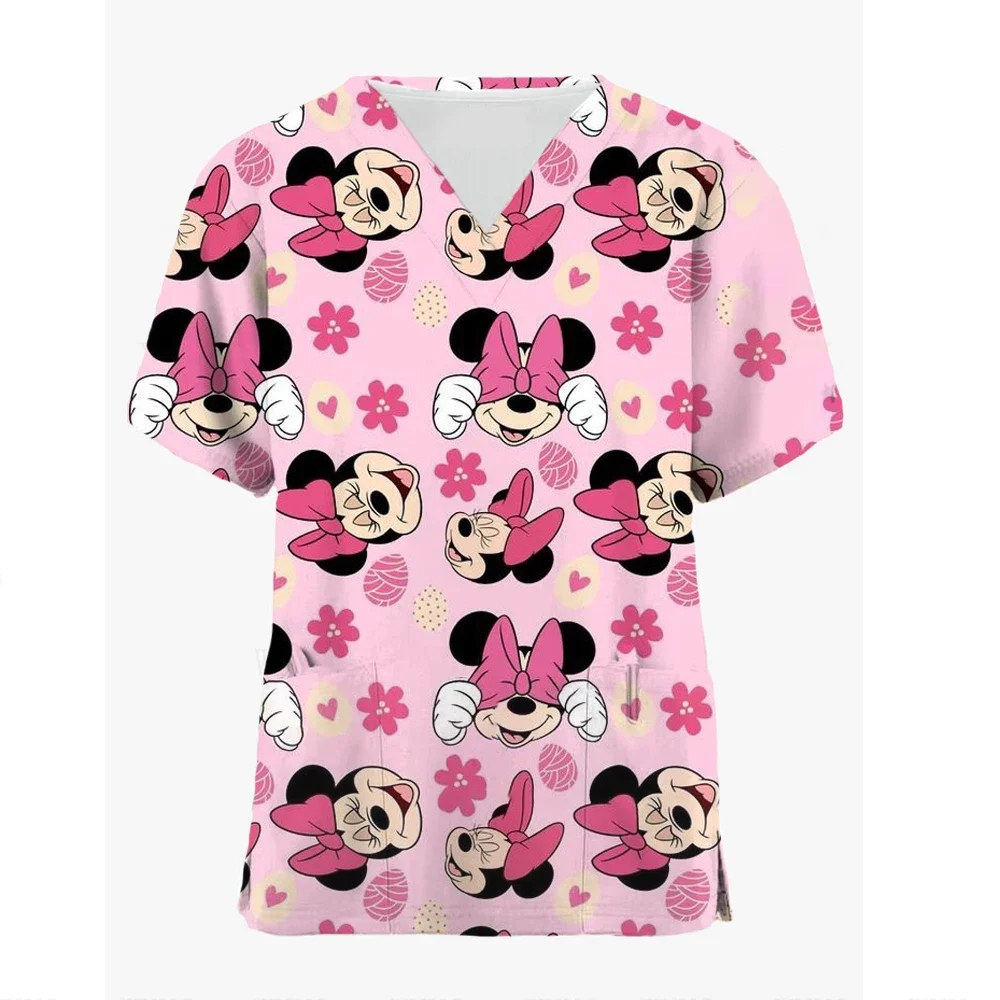 Miniso Women Nursing Clothing Disney Minnie Mickey Print Nursing Scrubs T-Shirt Tops Casual Short Sleeve V-neck Pocket Uniform