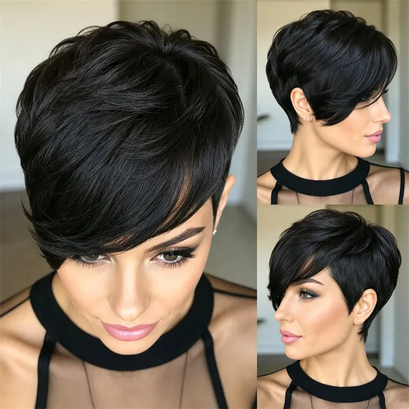 Pixie Cut Human Hair Wig Full Machine Made Short Layered Wigs Natural Black Side Part For Women Halloween Party Cosplay Daily