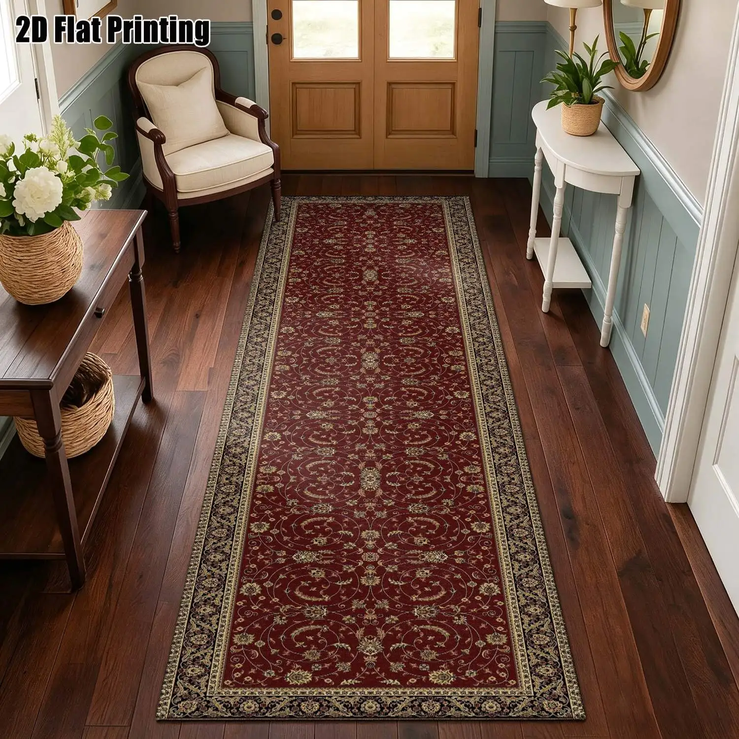 1Pc 2D Printed Long Strip Runner Carpet: Red Retro Floral, European, Bohemian, Geometric Striped Styles, Home Decor, Multi-Size, Machine Washable, for Entryway, Living Room, Bedroom, Kitchen
