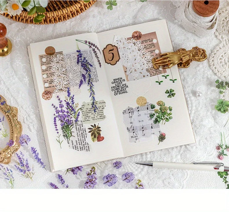 6 Sheets/pack PET Die-cut Sticker Retro Plants Flowers Ferns Clovers Lavenders DIY Scrapbook Junk Journal Collage Materials