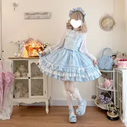 Kawaii Princess Sweet Lolita sukienka z falbankami JSK letnia sukienka na szelkach dziewczęca koronkowa sukienka z kokardką Party Loli