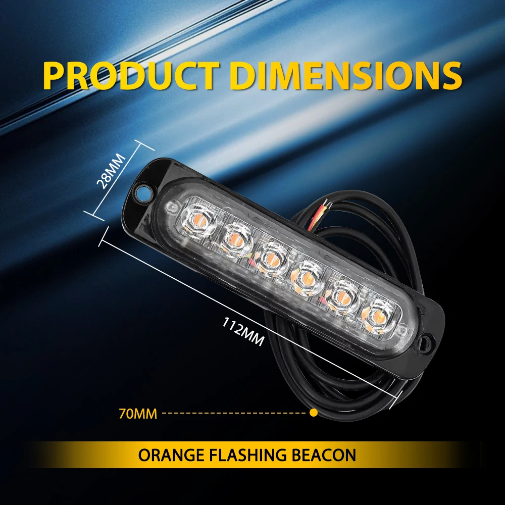 2Pcs Amber 6 LED Strobe Flash Lights Bars Car Motorcycle Truck Side Marker Light Emergency Warning Flashing Light 12V 24V
