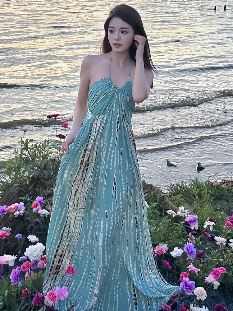 

Retro Beautiful Hanging Neck Strap Dress Women Summer 2026 New Tour Beach Vacation Long Dress Loose Fit High Waist Hollow out