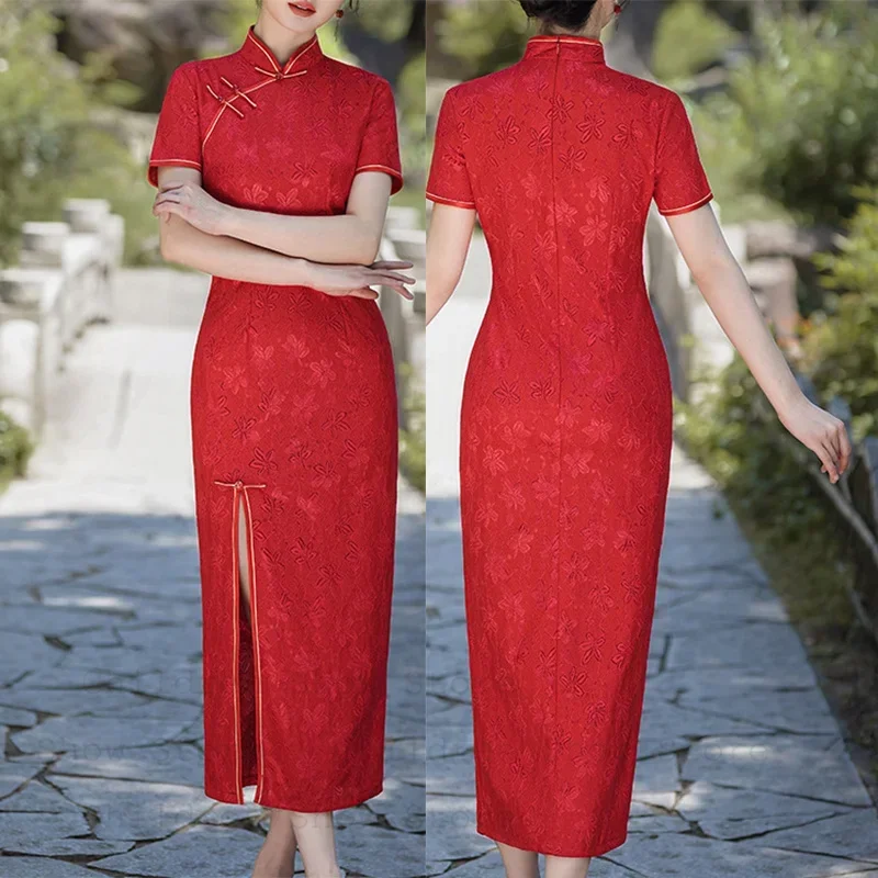 

Вечернее платье для невесты, свадебное платье, ретро кружевное Ципао с цветочным принтом, женское элегантное длинное платье Cheongsam большого размера, сексуальный халат в китайском стиле