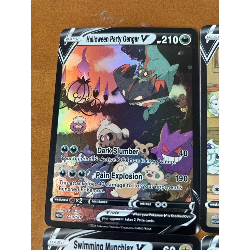 Gengar Cooking Psyduck-Juego de cartas de Pokémon para fiesta de Halloween, tarjetas Flash de refracción hechas a mano, juego clásico de Anime, juguete de colección, 4 piezas por juego