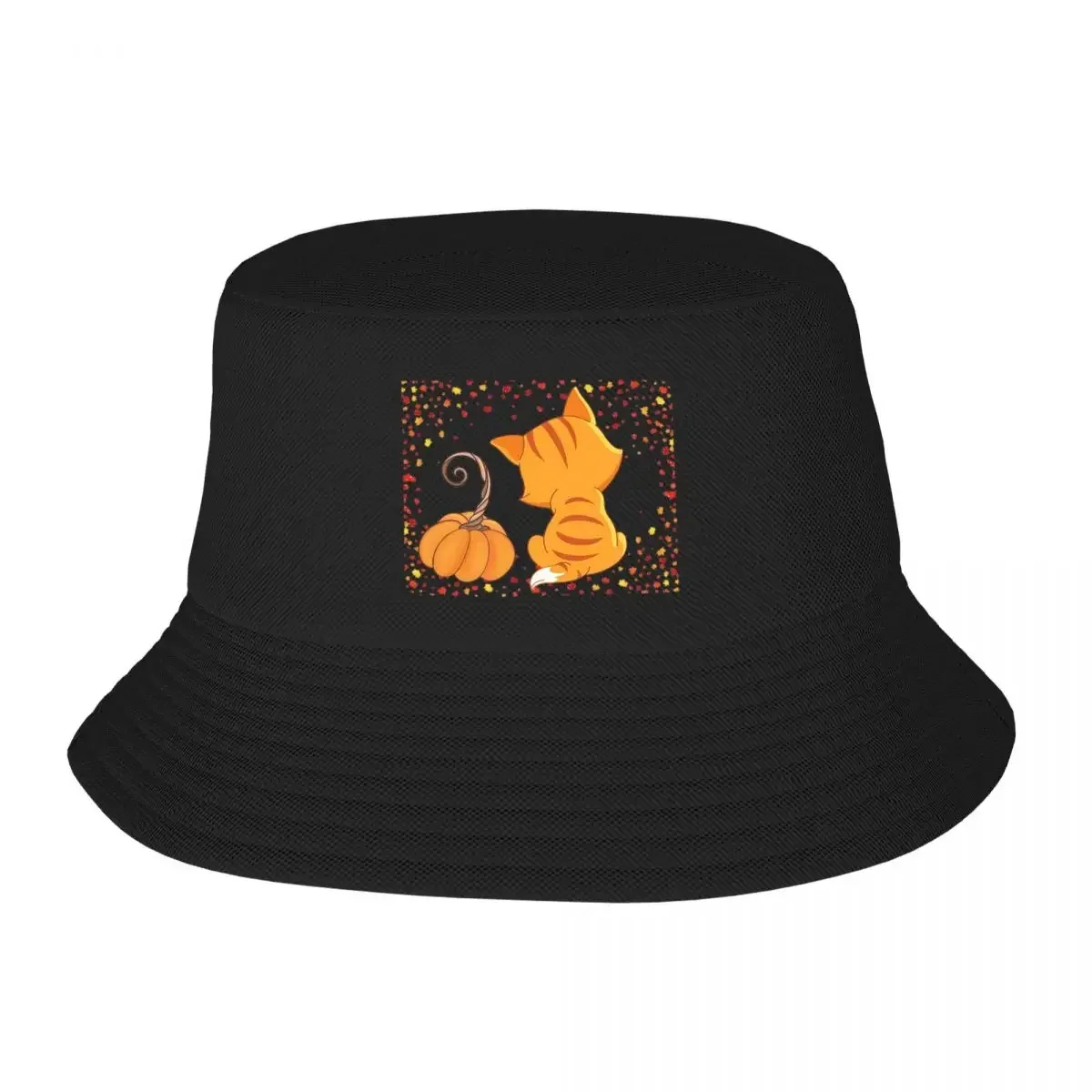 Kitten With A Pumpkin Bucket Hat Panama Hat Children Bob Hats Autumn Fisherman Hats Summer Beach Fishing Unisex Caps