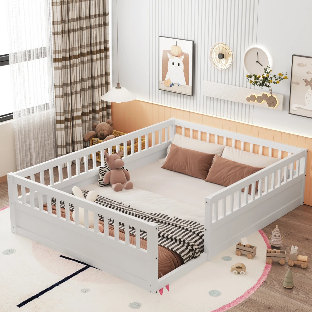 

Full Floor Bed Frame with Fence, Wood Kids Floor Beds Frame for Bedroom Playroom,White